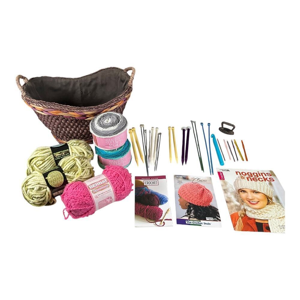 Complete Yarn & Crochet Bundle with Basket – Hooks, Needles, Books & Yarn Lot